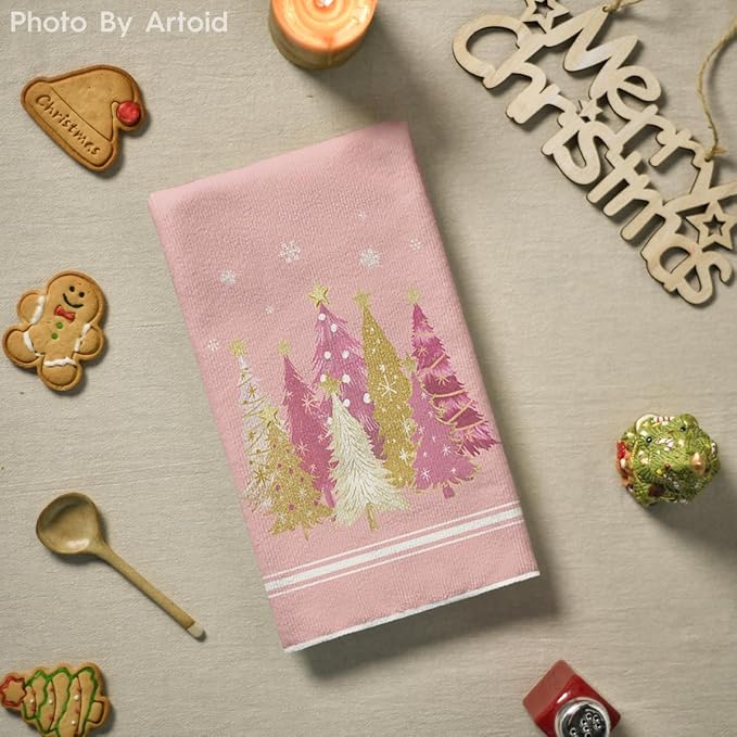 Artoid Mode Pink Xmas Tree Merry Christmas Kitchen Towels Dish Towels, 18x26 Inch Farmhouse Star Holiday Winter Decoration Hand Towels Set of 2