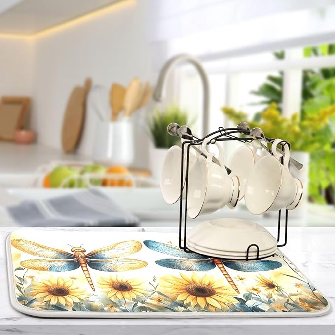 Watercolor Dragonflies Sunflowers Dish Drying Mat for Kitchen Counter Super Absorbent Dishes Pad Reversible Microfiber Protector Dish Draining Mats 16x18 inch