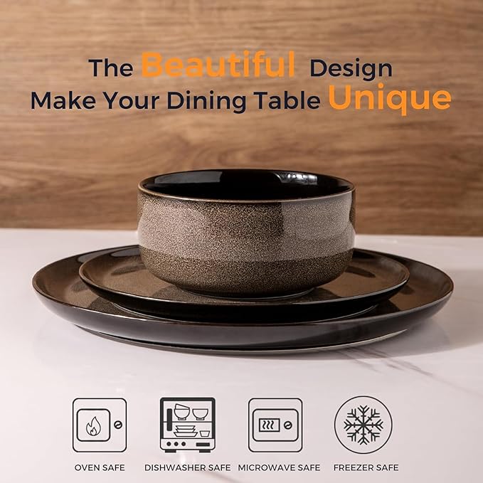 LeRatio Ceramic Dinnerware Sets for 4,12-Piece Plates and Bowls,Handmade Reactive Glaze Dishes Set,Chip Resistant and Scratch Resistant | Oven&Dishwasher & Microwave Safe,Service for 4-Coffee