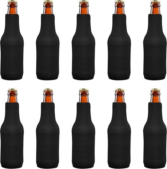 10 Neoprene Zippered Beer Bottle Coolies Pack - Sharkskin Rubber Bottom - Black