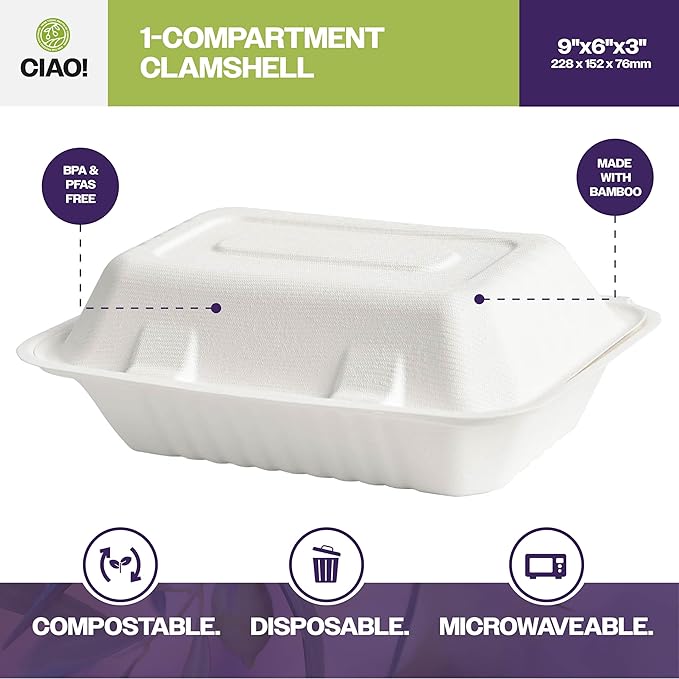 CIAO! 9"X6"X3" Clamshell 1 Compartment 100% Compostable Ecofriendly PFAS Free Unbleached Bagasse Natural White (250/case)