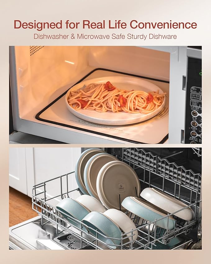 Famiware Milkyway Plates and Bowls Sets, 12 Pieces Dinnerware Sets, Reactive Glaze Dish Set, Stoneware Dishes Set for 4, Matte White & Light Blue