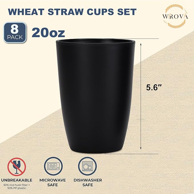 Wrova Wheat Straw Cups Set of 8 Good Alternative to Plastic Cups 20 oz Unbreakable Drinking Cup Reusable Tumbler Dishwasher Safe Water Glasses Black