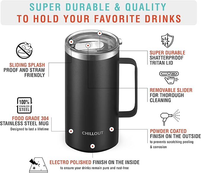 CHILLOUT LIFE Stainless Steel Vacuum Insulated Coffee Mug 16 oz (Set of 2) with Handle and Lid, Large Thermal Camping Coffee Mugs with Sliding Lid for Men & Women, Keeps Your Beverages Hot & Cold