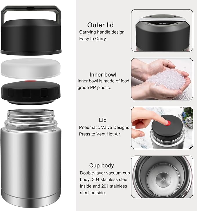 35oz Soup Thermos, Stainless Steel Thermos for Hot Food, Wide Mouth Food Thermos Jar, Insulated Lunch Container Leak Proof Vacuum Thermal Flask (silver-35oz)