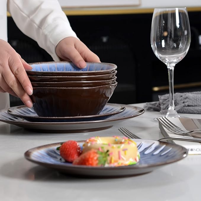 Melamine Dinnerware Sets 12 Pcs, Plates and Bowls Sets, Melamine Plates, Outdoor Dishes Sets, Unbreakable Dinnerware, Serving Dishes for Entertaining, Dishwasher Safe, BPA Free (Classic Blue)