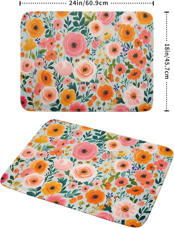 Watercolor Flower Dish Drying Mat - Pink Floral Drying Mat for Kitchen Counter 18 X 24 In