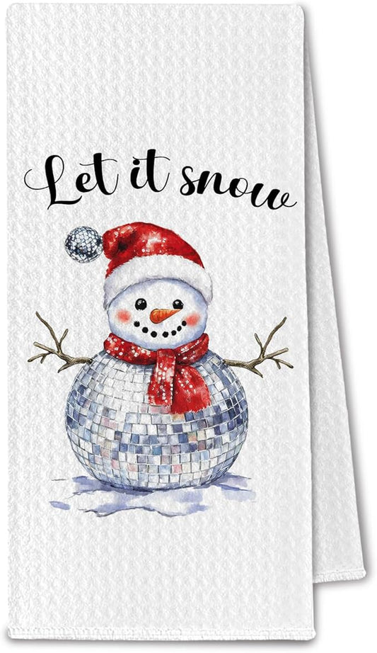 Christmas Disco Ball Snowman Kitchen Towels, Winter Christmas Dish Towels Drying Cloth for Kitchen, Let It Snow Holiday Xmas Snowman Decorative Hand Towel for Bathroom, 16x24 Inch