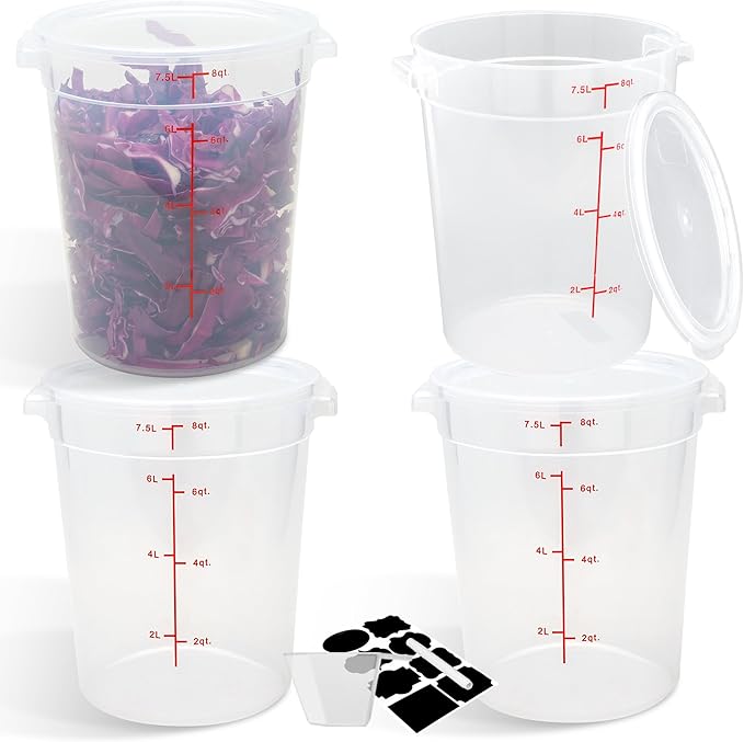 4 Pack Round Food Storage Containers with Lids, 8Qt Translucent, Polypropylene, BPA Free, Includes Labels & Measuring Cups