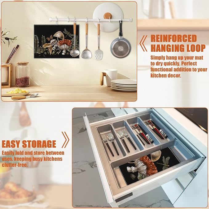 Vintage Mushroom Dish Drying Mat for Kitchen Counter Microfiber Absorbent Dish Kitchen Drying Mat Draining Reusable Washable for Dishes/Utensils/Counterto