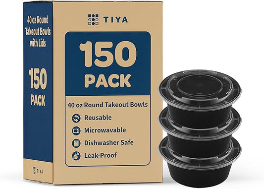 TIYA Food Containers – 40 oz Bulk 150 Pack with Lids – Plastic Food Storage To-Go Round Bowls – Reusable, Microwavable, Dishwasher Safe – Leak-Proof and Great for Meal Prep – BPA-Free