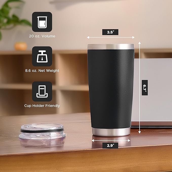 OMTech 20oz Tumblers Bulk, 12pc Stainless Steel Tumbler Set with Lid & Straw, Double Wall Vacuum Insulated Mug for Laser Engraver, Travel Coffee Mug for Hot & Cold Drinks, Black Powder Coated Cup
