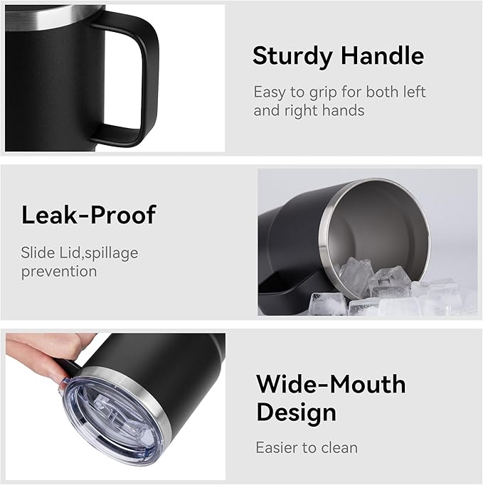 20oz Tumbler Bulk with Lid, Stainless Steel Tumbler Bulk with Handle, Metal Insulated Travel Coffee Mug Set with Handle, Double Wall Vacuum Leak Proof Tumbler Cup, Black 6 Pack