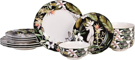 222 Fifth 12-Piece Porcelain Dinnerware Set for 4, Black & White Plates and Bowls Set with Tropical Floral Design, Glossy Ceramic Dish Set, Kitchen Tableware, Microwave & Dishwasher Safe, Borneo