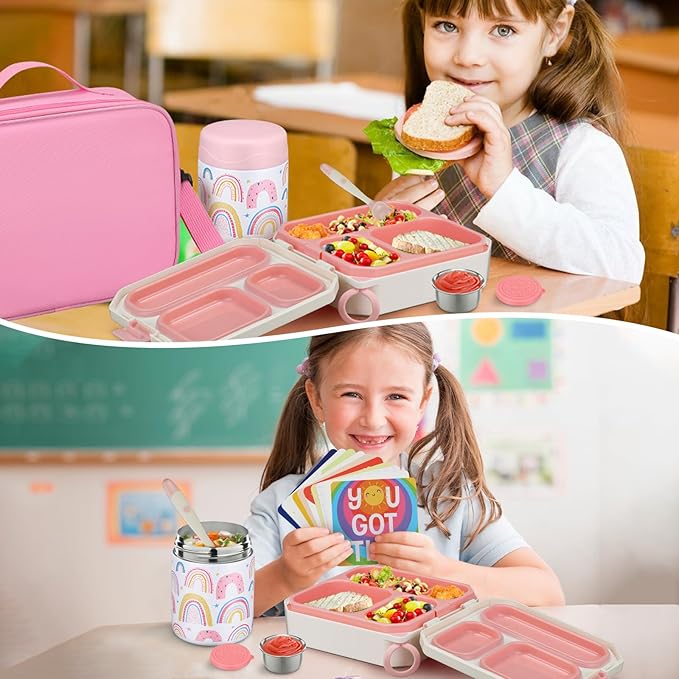 Bento Lunch Box for Kids with 12oz Soup Thermo Leak-Proof Lunch Food Container with 5 Compartment Thermo Hot Food Jar and Insulated Lunch Bag for Kid Toddler Girls Boys to School