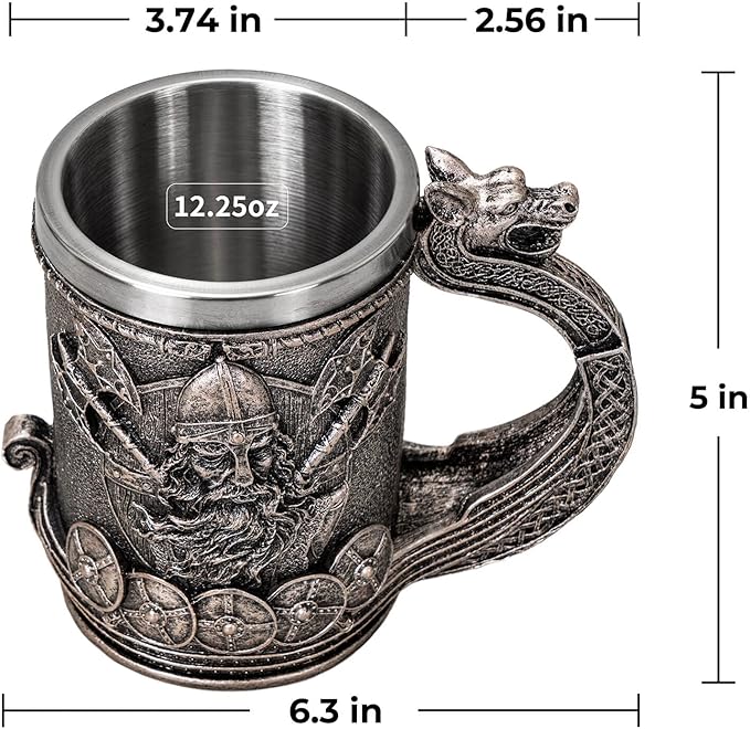 Viking Mug Beer Stein Tankard, Stainless Steel Ideal Drinkware for Coffee Cup Nordic Style Gifts for Men