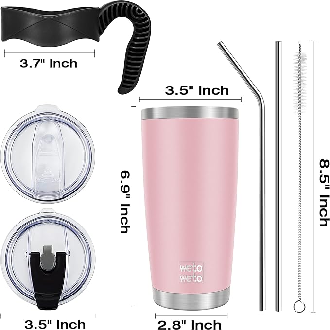WETOWETO 20oz Tumbler with 2 lids and 2 straws, Stainless Steel Vacuum Insulated Water Coffee Tumbler Cup with Handle, Double Wall Powder Coated Travel Mug Thermal Cup (Ice Pink, 1 Pack)