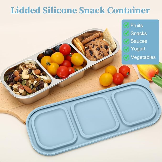 ﻿ 3 Compartment Stainless Steel Snack Containers with Silicone Lids, Reusable Food Storage Containers ，snackle box container for School ，Travel, Outdoor, Camping.
