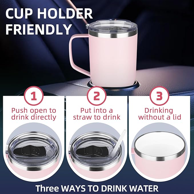 20 oz Insulated Coffee Mug with Ceramic Coating, Stainless Steel Travel Mug Tumbler with Handle Lid and Straw, Double Wall Leak-Proof Coffee Travel Mug Keeps Drink Hot and Cold (Pink)