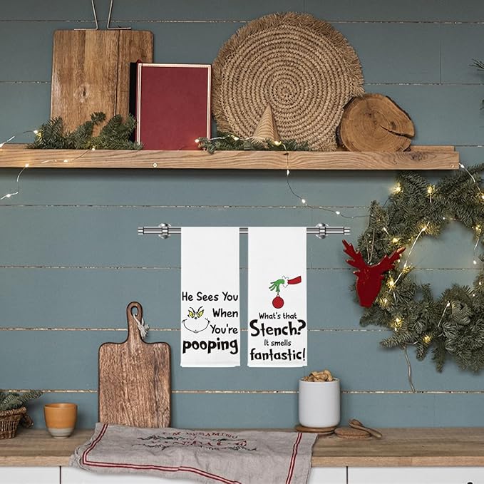 Christmas Kitchen Decor,Christmas Hand Kitchen Towels Set of 2,Xmas Decor He Sees You When You're Pooping Baking Cooking Cloth,Funny Holiday Winter Home Kitchen Decoration 14 x 23 Inches