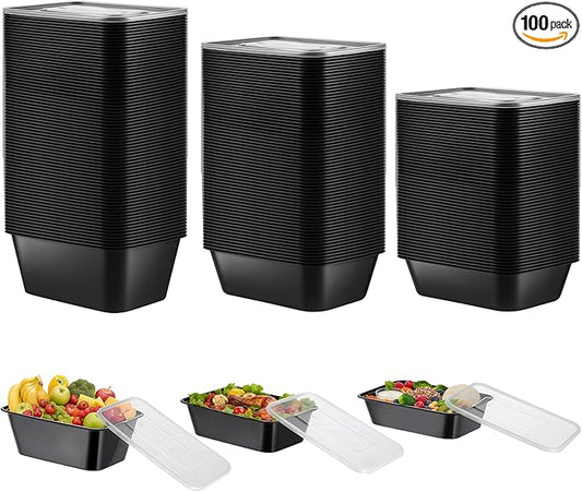 Sawysine 100 Pcs Plastic Meal Prep Containers Food Storage Containers Reusable Lunch Bowls with Lid Stackable Disposable Lunch Boxes 1 Compartment Bento Box (Black,22oz，25oz，34oz)