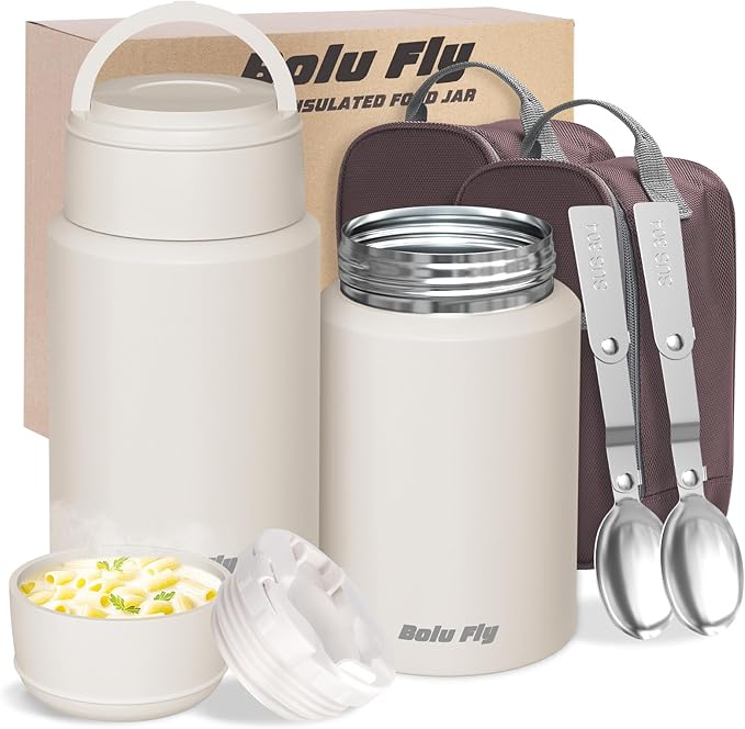 2 Pack Soup Thermo for Hot Food for Adults, Insulated Food Jar, Stainless Steel Vacuum Thermal Lunch Box Containers with Carry Bag and Spoon (18.5oz, 27oz) (White)