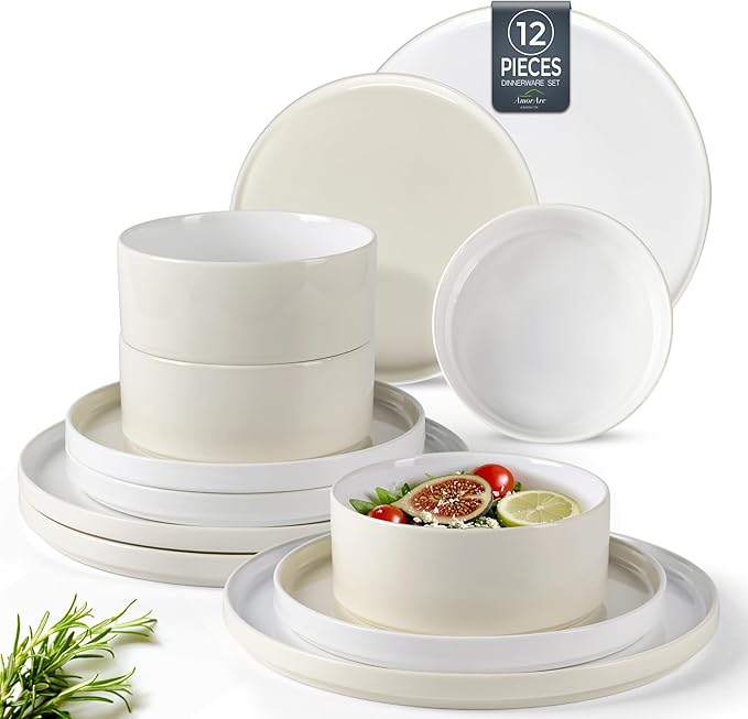 AmorArc Ceramic Dinnerware Sets for 4, Modern Stoneware Plates and Bowls Sets,Chip and Crack Resistant | Dishwasher & Microwave Safe Ceramic Dishes Set,Service for 4 (12pc)-Cream