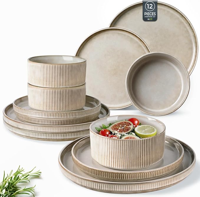 GBHOME Stoneware Dinnerware Sets for 4,Round Reactive Glaze Ceramic Plates and Bowls Set,Highly Scratch Resistant | Dishwasher & Microwave Safe Dishes Set,Service for 4(12Pcs)
