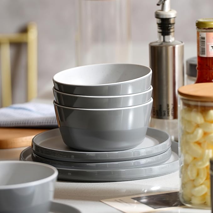 Melamine Dinnerware Sets, Dishware Sets for 4, 12 Pcs Plate and Bowl Set with Lipped Edges, Lightweight Dish Set for Camping,Dishwasher Safe,Good for Housewarming(Light Grey,White)