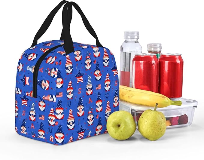 American Gnome Patriotic Lunch Box 4th of July Memorial Day Lunch Bag Insulated Reusable Lunch Tote Bag Cooler Tote Bag for Men Women