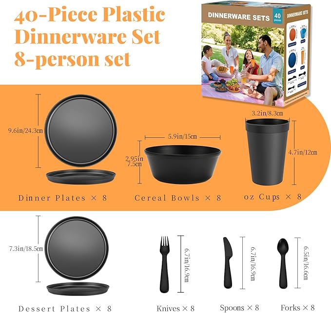 40 Piece RV and Camping Dinnerware Set, Microwave Safe Plates and Bowls Set for 8 with Cutlery, Lightweight & Unbreakable, The Perfect Melamine Alternative Blue