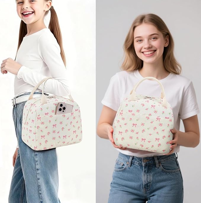 BTOOP Lunch Box for Women Men Cute Corduroy Lunch Bags Large Capacity Insulated Lunch Tote Bag For Work Travel Or Picnic (Pink Bow Floral)