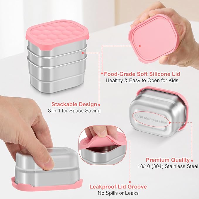 TeamFar 3 PCS Stainless Steel Snack Containers, 8oz /230ml Food Container with Silicone Lid for Kids Children, Metal Toddler Lunch Bento Box, Healthy & Lightweight, Leak-proof & Portable, Pink