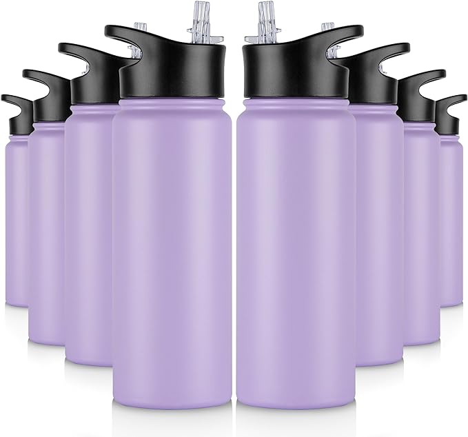 24 oz Insulated Water Bottle Bulk 8 Pack, Stainless Steel Sports Water Bottles with Straw Lid & Wide Mouth Lids, Double Walled Vacuum, Leak Proof, Purple