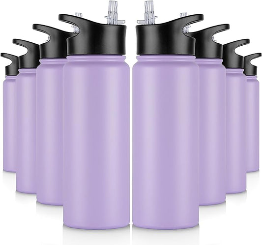 24 oz Insulated Water Bottle Bulk 8 Pack, Stainless Steel Sports Water Bottles with Straw Lid & Wide Mouth Lids, Double Walled Vacuum, Leak Proof, Purple