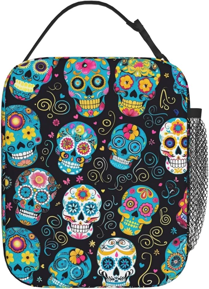 Reusable Colorful Sugar Skull Lunch Box for Kids Girls Boys Women Adult, Insulated Day of The Dead Lunch Bag,Polyester Cooler Handbags Case for School Picnic Work Travel Beach or Hiking