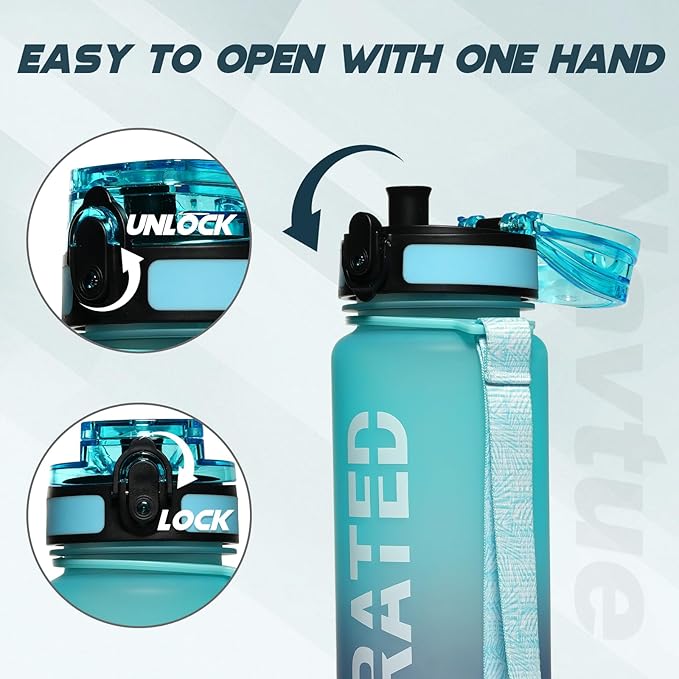 Water Bottle, 32 oz Sports Water Bottles with Time Marker Wide Mouth, Motivational and Leakproof Drink Bottle, BPA Free Tritan with Carry Strap for Gym Fitness Outdoor(Direct Drink 1 Bottle)