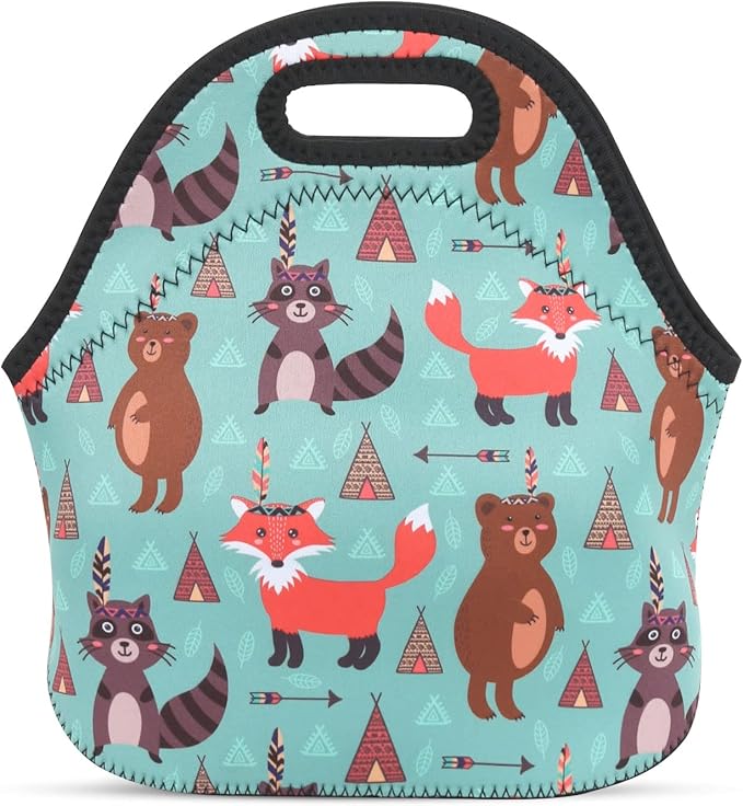 Violet Mist Womens Reusable Neoprene Lunch Bag Cute Insulated Lunch Box Fox Bear Animal Thermal lunch bags Waterproof Food Handbags Meal Prep Lunchbags Travel Work Gift for Women Men Adult