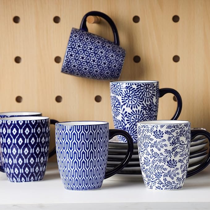 Selamica 16 oz Porcelain Coffee Mugs Set, Ceramic Tea Cup with Handle, dishwasher, oven, microwave safe, Pack of 6, Vintage Blue