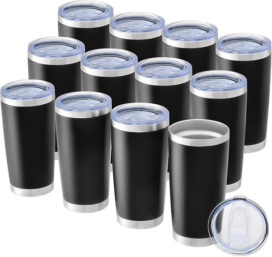OMTech 20oz Tumblers Bulk, 12pc Stainless Steel Tumbler Set with Lid & Straw, Double Wall Vacuum Insulated Mug for Laser Engraver, Travel Coffee Mug for Hot & Cold Drinks, Black Powder Coated Cup