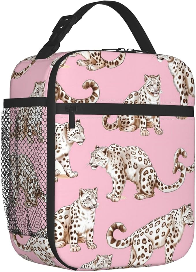 Reusable Snow Leopard Lunch Box for Kids Girls Boys Women Adult, Insulated Cute Pink Lunch Bag,Polyester Cooler Handbags Case for School Picnic Work Travel Beach or Hiking