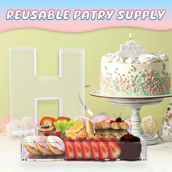 11" Acrylic Letter Charcuterie Box, Reusable Fillable Alphabet Number Shaped Form Tray for Birthday Anniversaries, Party Decorative Serving Plates Display Candy Cake (H)