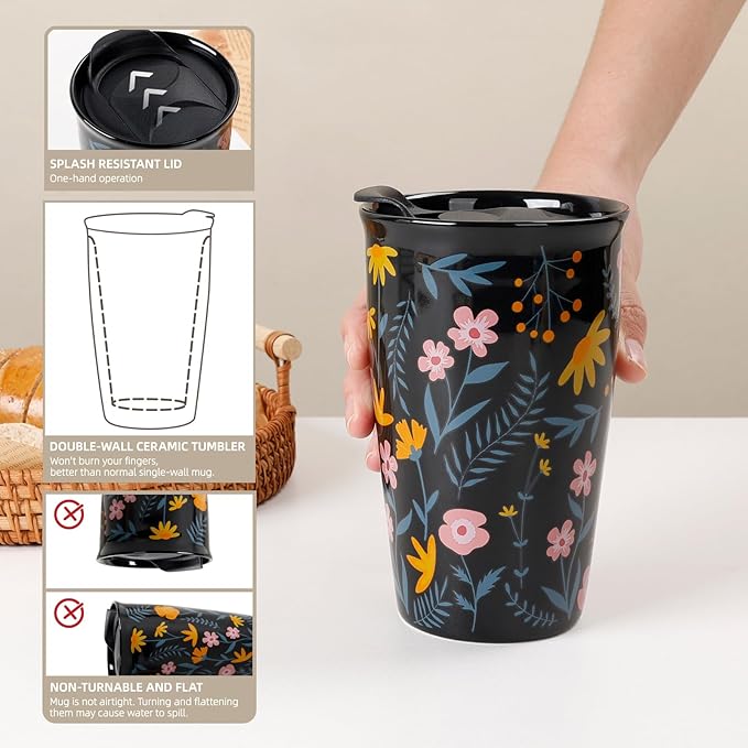 ANTIS'S HOME Ceramic Travel Mug with Lid, Flower Pattern Black Double Wall Coffee Mug Tumbler, Reusable Tall Cup, Splash Resistant Lid, Dishwasher Microwaveable Safe