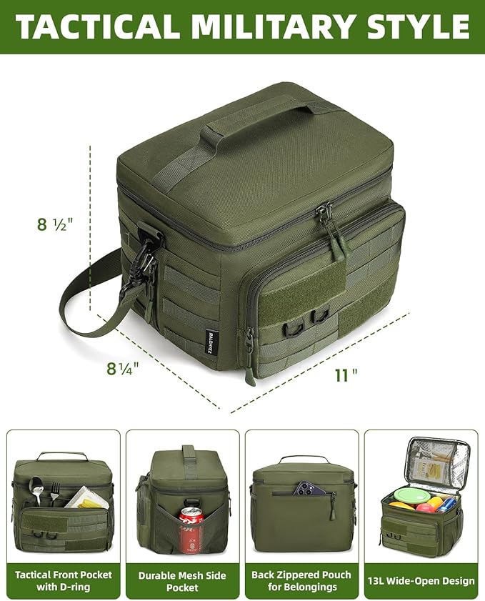 RalChyez Tactical Lunch Box, 13L Large Insulated Lunch Bag MOLLE Webbing Leakproof Thermal Cooler with Shoulder Strap Lunch Pail for Adult Men Women Office Work Camping Picnic Travel Green