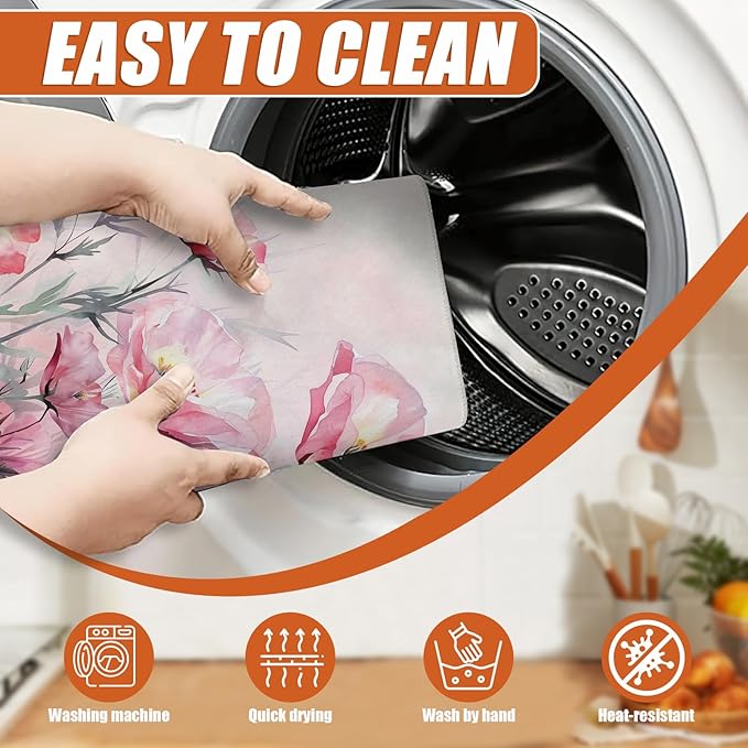 Pink Poppy Flower Dish Drying Mat for Kitchen Counter Microfiber Absorbent Dish Kitchen Drying Mat Draining Reusable Washable for Dishes/Utensils/Counterto