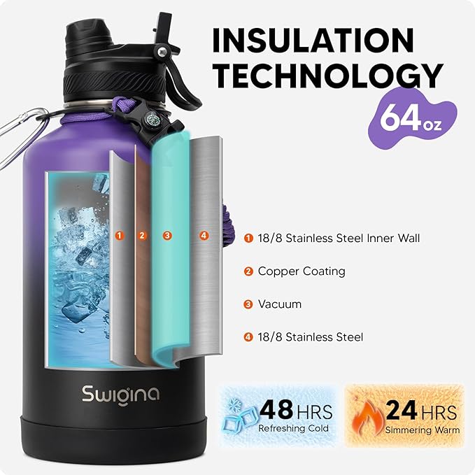 [2-IN-1 LID] 64 oz Insulated Water Bottle with Silicone Boot (48hrs Cold/24hrs Hot) - DIY Stickers, Leakproof, BPA Free, Half Gallon