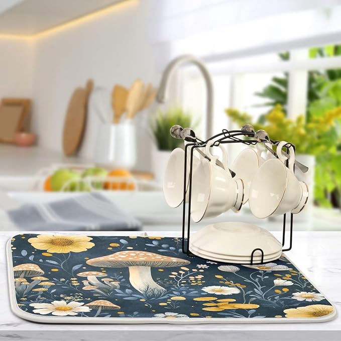Wildflowers and Mushrooms Dish Drying Mat for Kitchen Counter Super Absorbent Dishes Pad Reversible Microfiber Protector Dish Draining Mats 18x24 inch