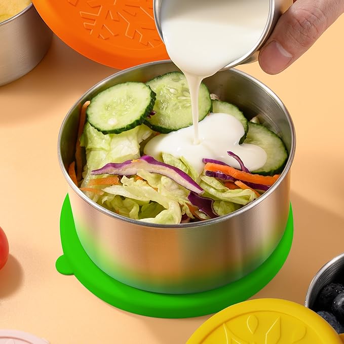 304 Stainless Steel Containers with Lids Small for Lunch Food/Snacks, Leak-Proof and Round Stainless Steel Food Storage Containers for Back to School Kids, 3 Pack Stackable (4oz, 8oz, 14oz)