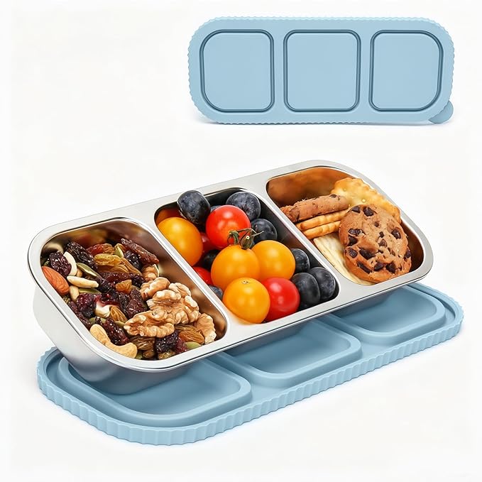 ﻿ 3 Compartment Stainless Steel Snack Containers with Silicone Lids, Reusable Food Storage Containers ，snackle box container for School ，Travel, Outdoor, Camping.