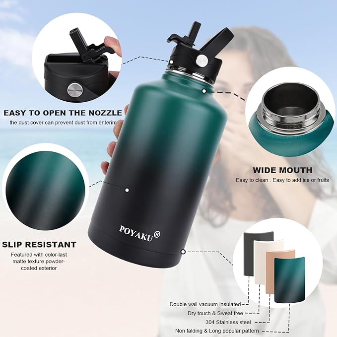 Water Bottle Insulated 32oz 40oz 64oz 128oz Straw Lid Spout Lid & 3 Lids, Leak Proof, Vacuum Insulated,Stainless Steel Water Bottle Wide Mouth for Sports, Gym or Office